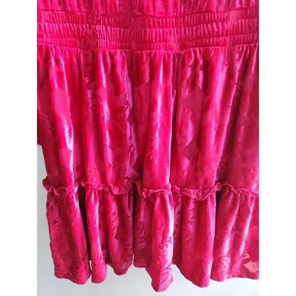 Eloquii Pink Magent Burnout Floral Velvet Ruffle Neck A-Line Smocked Dress sz 20 - Picture 4 of 13